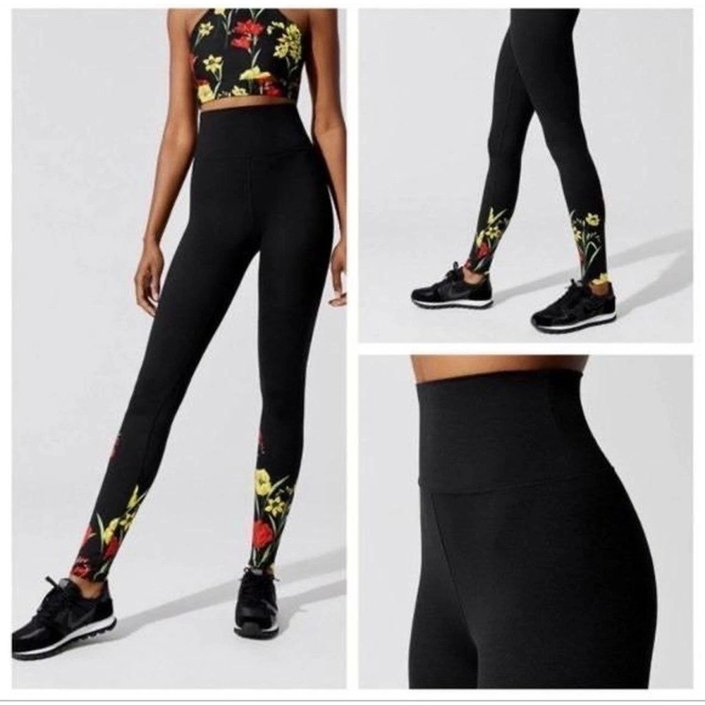 Carbine38 High Waisted Black Floral Print Performance Leggings Length Activewear